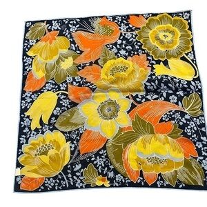 Vintage Glentex tropical floral print scarf, navy yellow, orange, 52 in.²